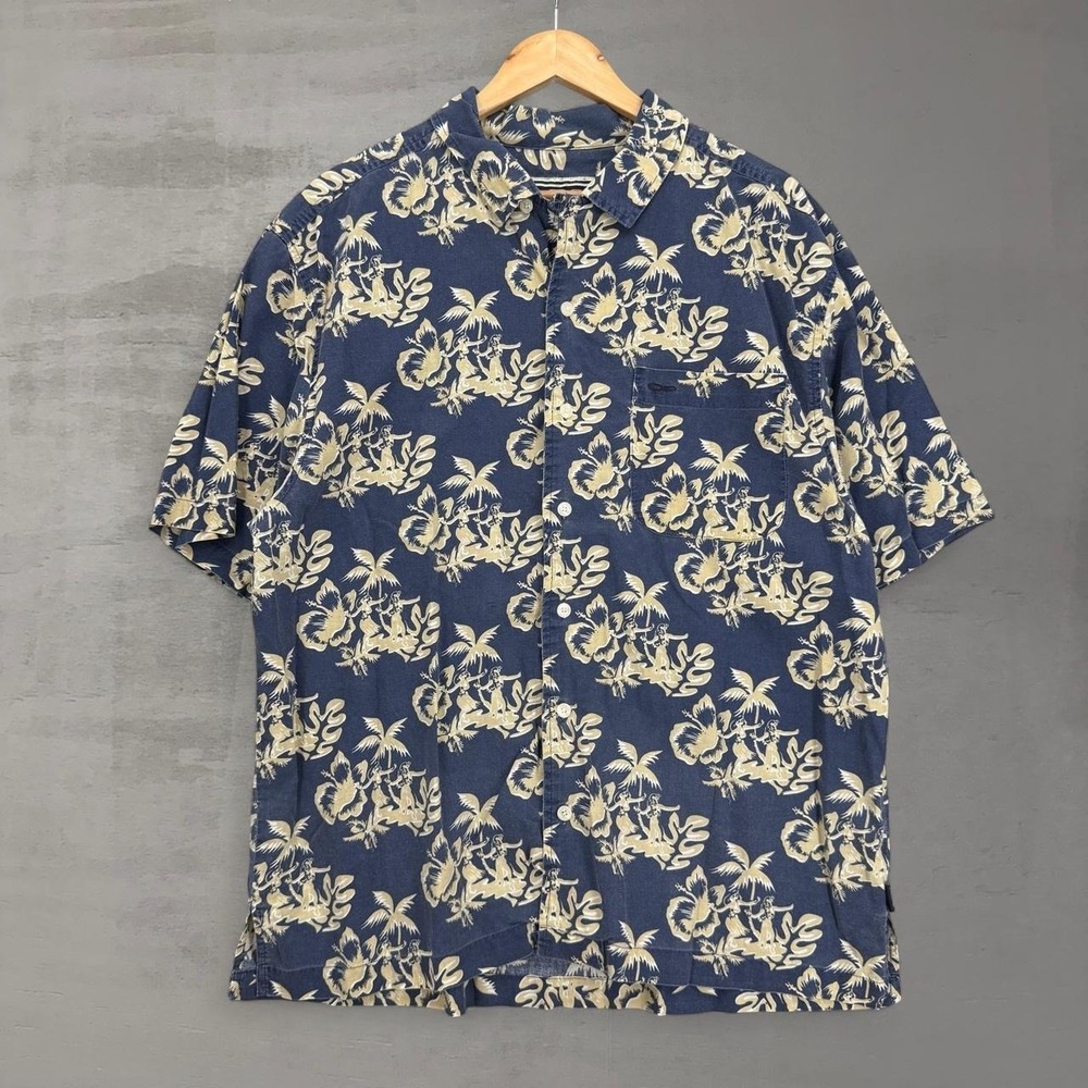 Vintage Ocean Pacific Button Down Shirt Navy Blue Hawaiian Hula Tropical XL